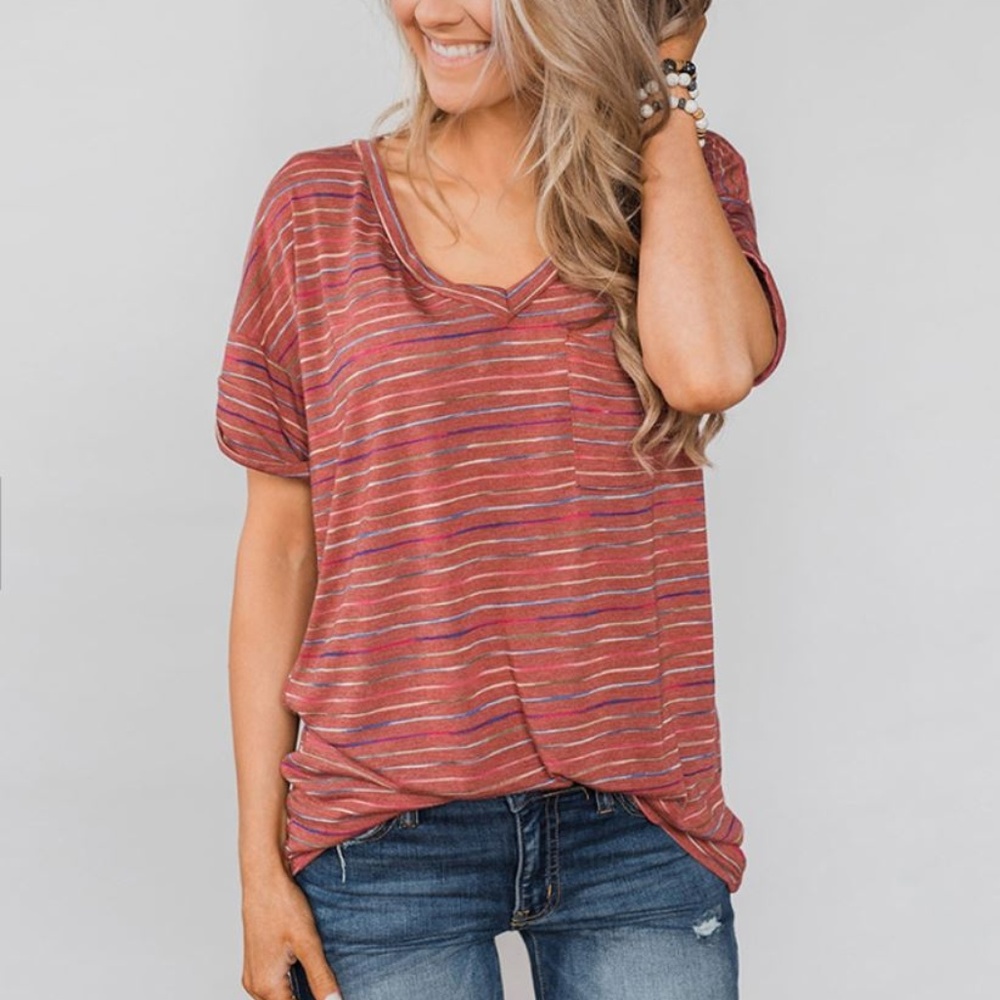 LAST ONE!! Pink & Multi Color Front Pocket Tee